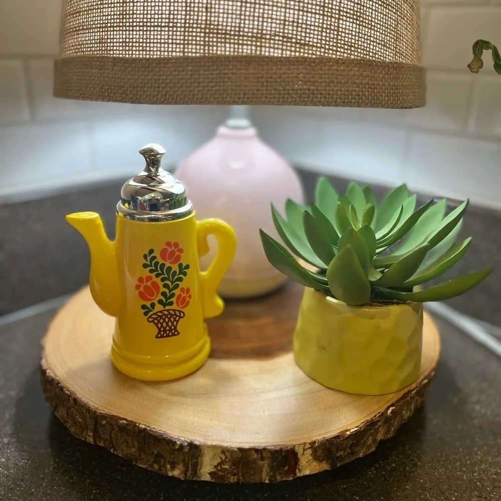 Vintage Mini Coffee Pot 5 1/2” Tall Avon Yellow Silver Top Orange Floral